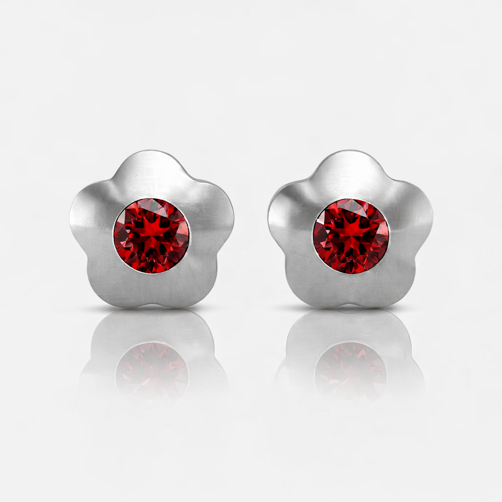 Cerrahi Çelik Kulak Delme Küpesi - Flowerlite Garnet Alerji Yapmayan (Çift)