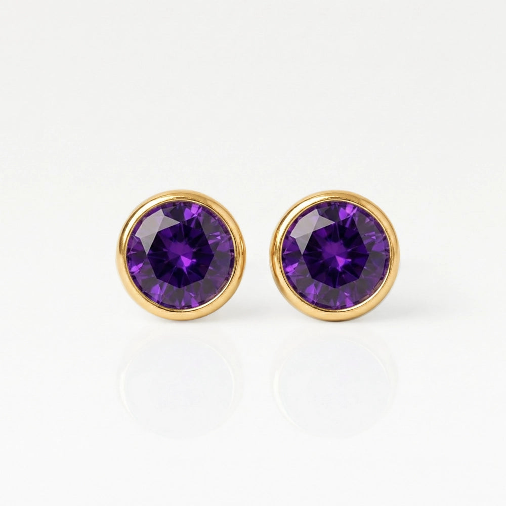 Gold Plated Surgical Steel Ear Piercing Studs - Birthstone Amethyst Hypoallergenic