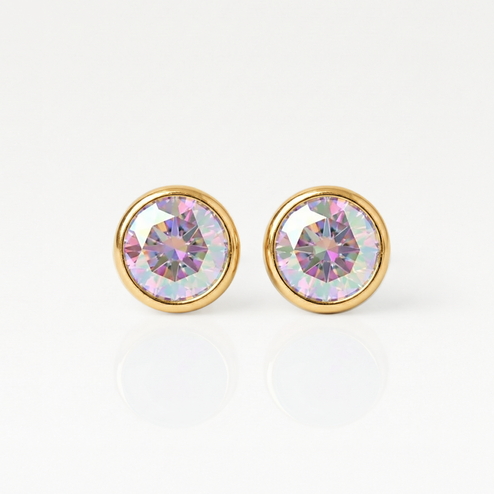 Gold Plated Surgical Steel Kulak Delme Küpesi - Birthstone Rock Crystal Alerji Yapmayan (Çift)