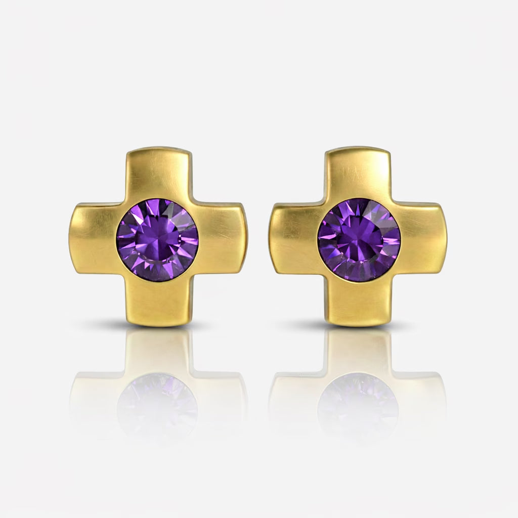 Gold Plated Surgical Steel Ear Piercing Studs - Crosslite Amethyst Hypoallergenic