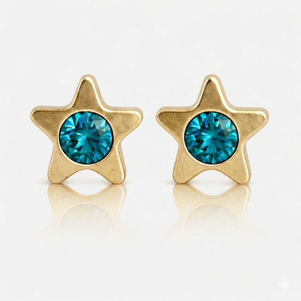 Altın Kaplama Cerrahi Çelik Kulak Delme Küpesi - Starlite Blue Zircon Alerji Yapmayan