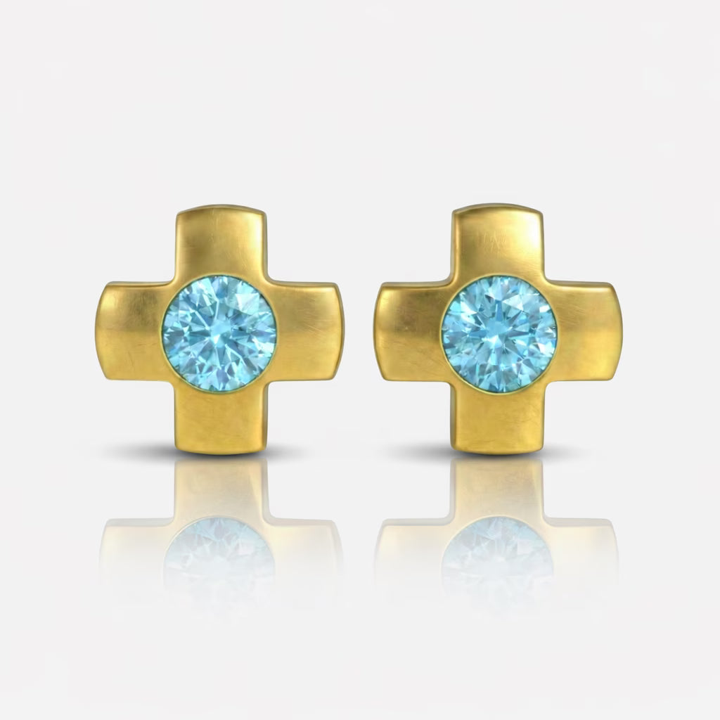 Altın Kaplama Cerrahi Çelik Kulak Delme Küpesi - Crosslite Aquamarine Alerji Yapmayan (Çift)