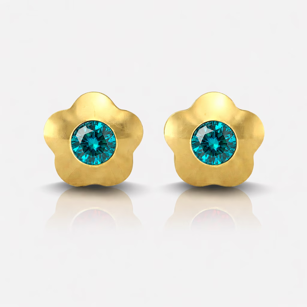Gold Plated Surgical Steel Ear Piercing Studs - Flowerlite Blue Zircon Hypoallergenic (Pair)