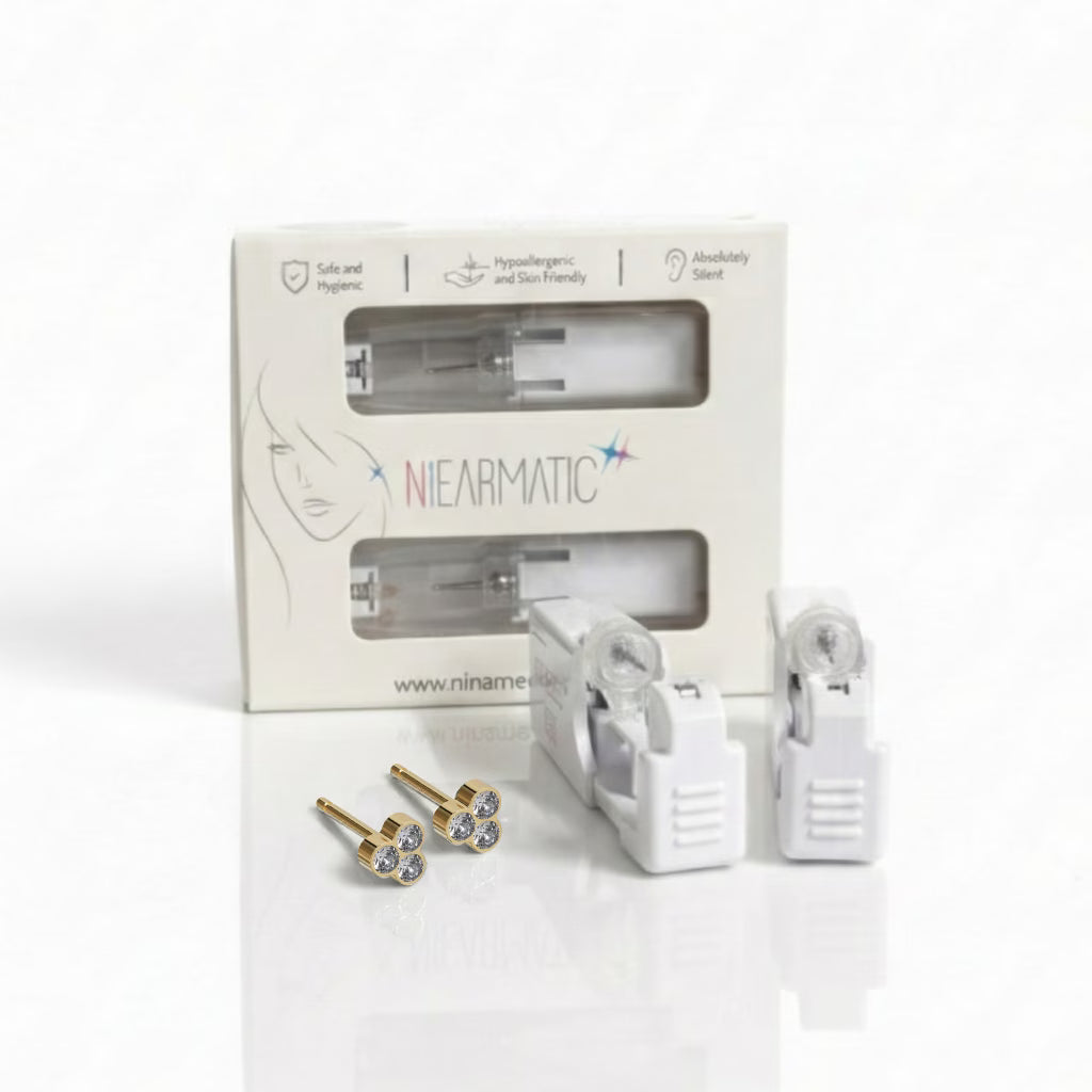 Niearmatic Tek Kullanımlık Kulak Delme Kiti - Gold Plated Trio Crystal Küpe