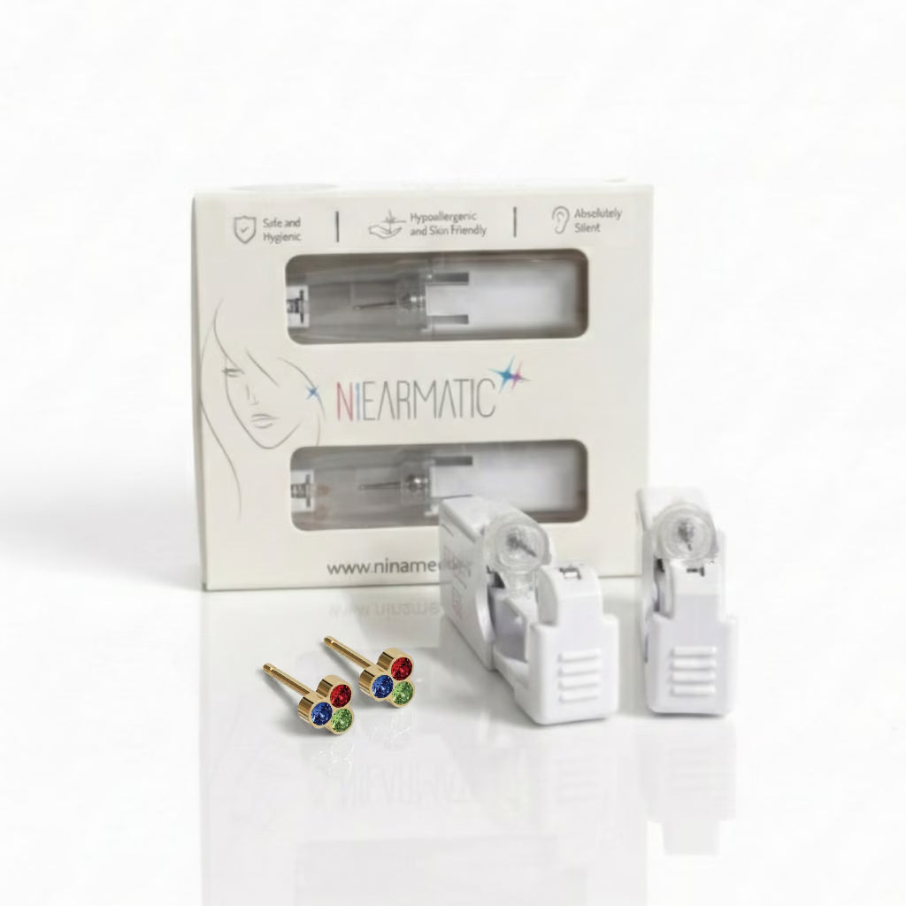 Niearmatic Tek Kullanımlık Kulak Delme Kiti - Gold Plated Trio Sapphire Garnet Peridot Küpe