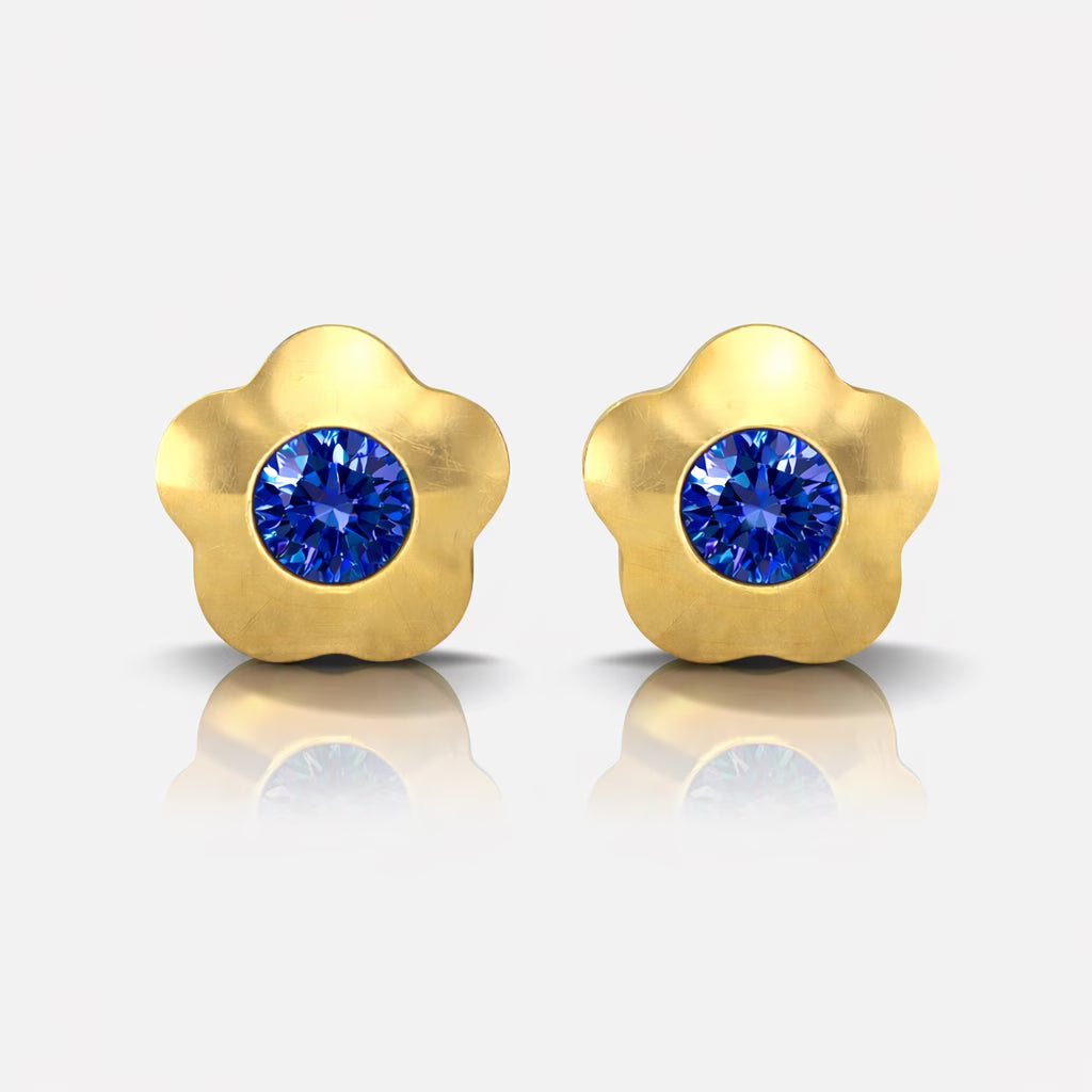 Altın Kaplama Cerrahi Çelik Kulak Delme Küpesi - Flowerlite Sapphire Alerji Yapmayan (Çift)