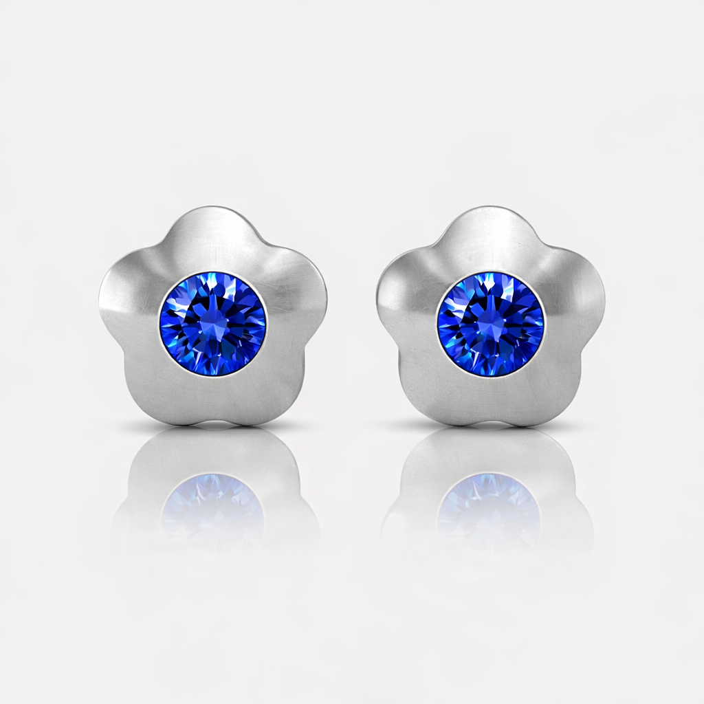 Cerrahi Çelik Kulak Delme Küpesi - Flowerlite Sapphire Alerji Yapmayan (Çift)