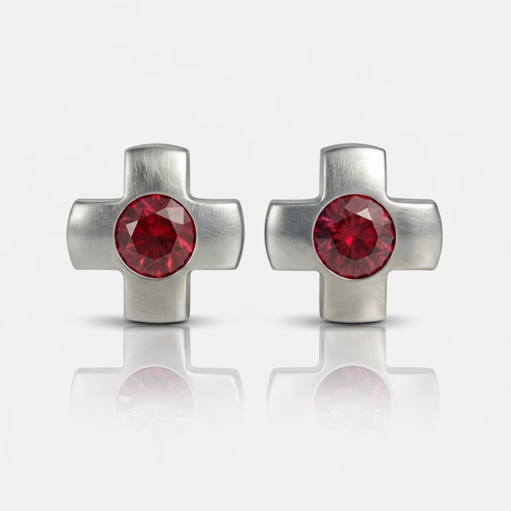 Cerrahi Çelik Kulak Delme Küpesi - Crosslite Ruby Alerji Yapmayan (Çift)