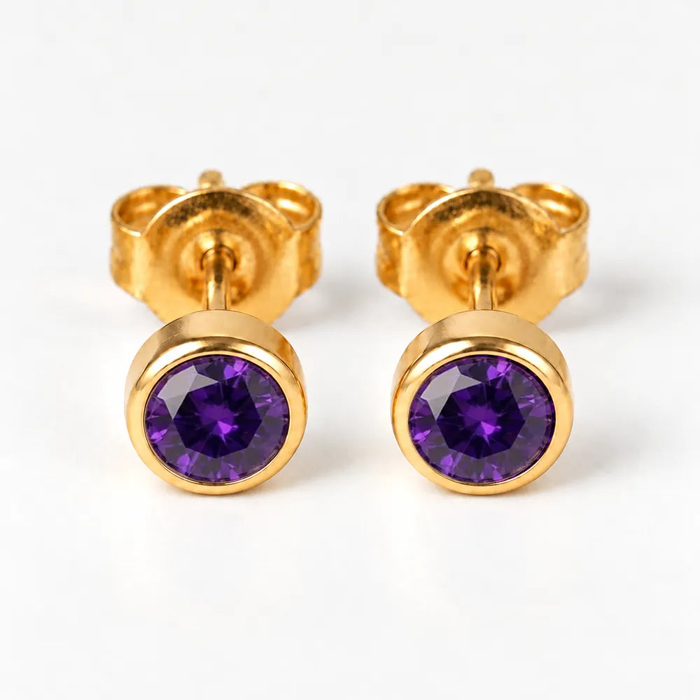 Серьги для прокола ушей с золотым покрытием - Birthstone Amethyst Гипоаллергенный 