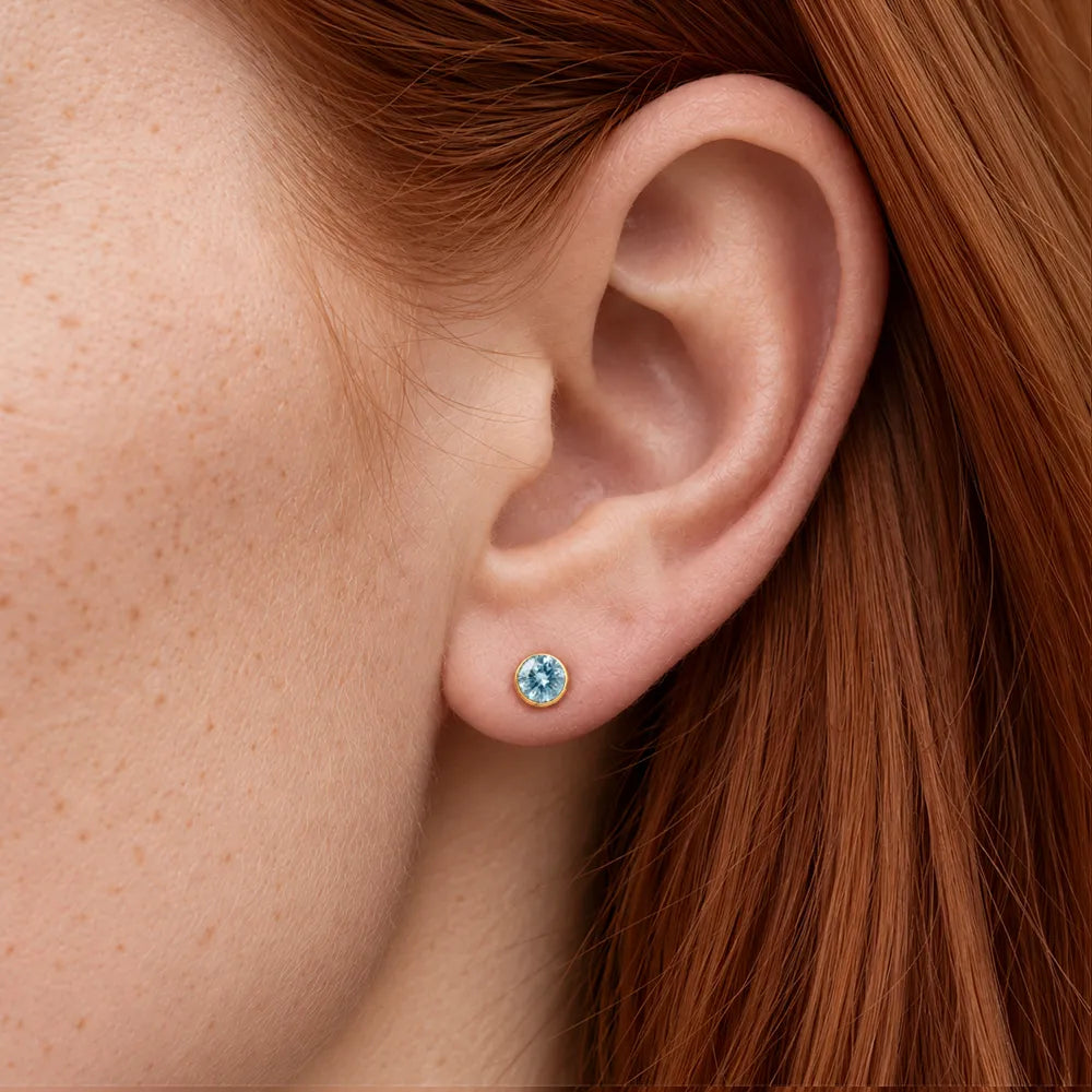 Gold Plated Surgical Steel Ear Piercing Studs - Birthstone Aquamarine Hypoallergenic