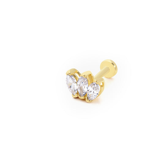 14K Gold Piercing - Triple Stoned Crystal Lotus