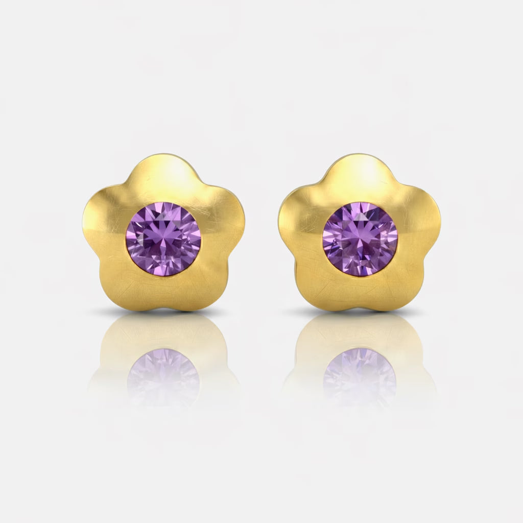 Altın Kaplama Cerrahi Çelik Kulak Delme Küpesi - Flowerlite Amethyst Alerji Yapmayan 
