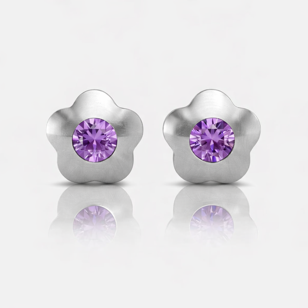 Surgical Steel Ear Piercing Studs - Flowerlite Amethyst Hypoallergenic