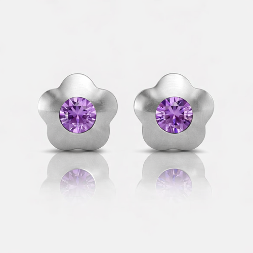 Surgical Steel Ear Piercing Studs - Flowerlite Amethyst Hypoallergenic