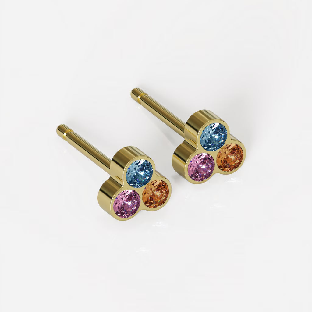 Altın Kaplama Cerrahi Çelik Kulak Delme Küpesi - Trio Aquamarine Light Rose Topaz Alerji Yapmayan (Çift)