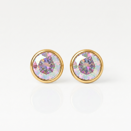 Gold Plated Surgical Steel Kulak Delme Küpesi - Birthstone Rock Crystal Alerji Yapmayan (Çift)