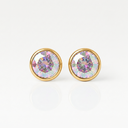 Gold Plated Surgical Steel Kulak Delme Küpesi - Birthstone Rock Crystal Alerji Yapmayan (Çift)