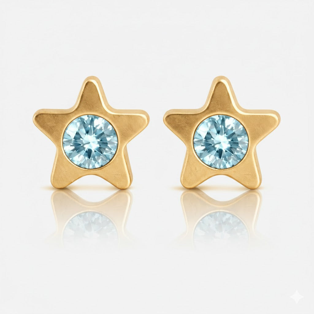 Altın Kaplama Cerrahi Çelik Kulak Delme Küpesi - Starlite Aquamarine Alerji Yapmayan 