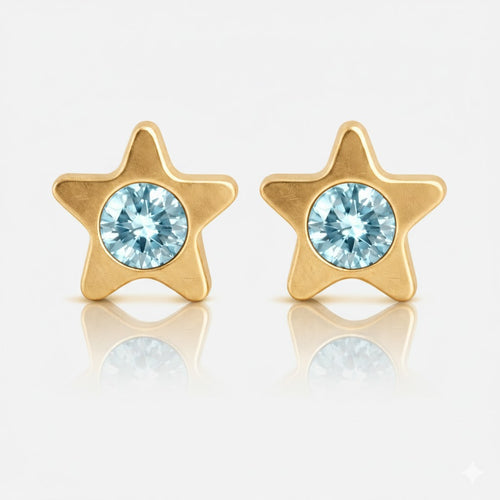 Altın Kaplama Cerrahi Çelik Kulak Delme Küpesi - Starlite Aquamarine Alerji Yapmayan 