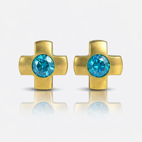 Altın Kaplama Cerrahi Çelik Kulak Delme Küpesi - Crosslite Blue Zircon Alerji Yapmayan (Çift)