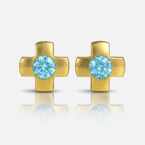 Altın Kaplama Cerrahi Çelik Kulak Delme Küpesi - Crosslite Aquamarine Alerji Yapmayan (Çift)