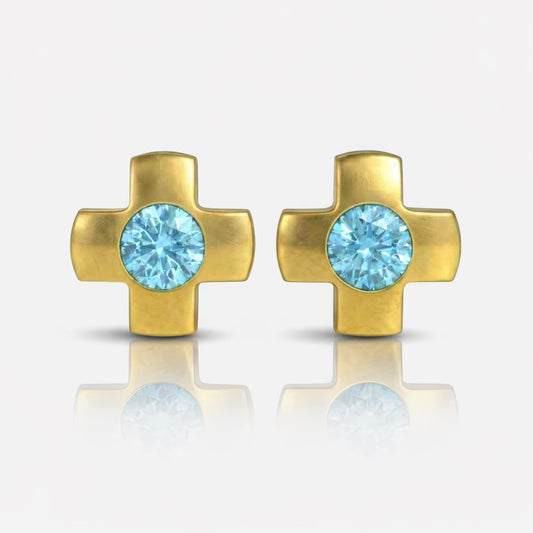 Altın Kaplama Cerrahi Çelik Kulak Delme Küpesi - Crosslite Aquamarine Alerji Yapmayan (Çift)