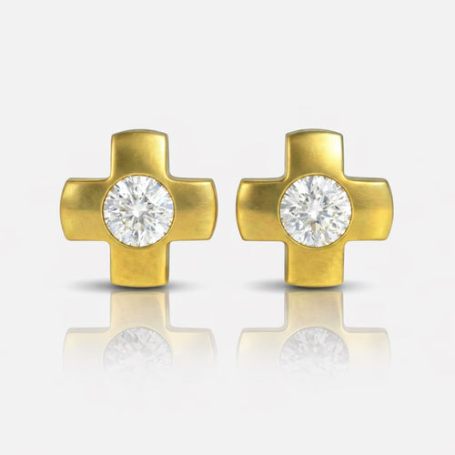 Altın Kaplama Cerrahi Çelik Kulak Delme Küpesi - Crosslite Crystal Alerji Yapmayan (Çift)