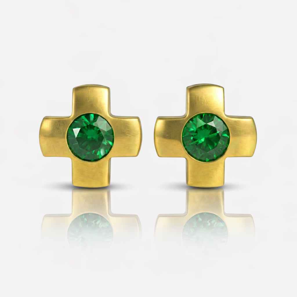 Altın Kaplama Cerrahi Çelik Kulak Delme Küpesi - Crosslite Emerald Alerji Yapmayan (Çift)