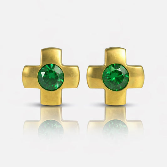 Altın Kaplama Cerrahi Çelik Kulak Delme Küpesi - Crosslite Emerald Alerji Yapmayan (Çift)