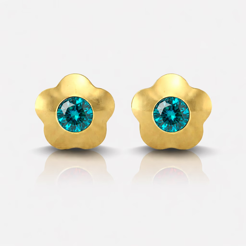 Gold Plated Surgical Steel Ear Piercing Studs - Flowerlite Blue Zircon Hypoallergenic (Pair)