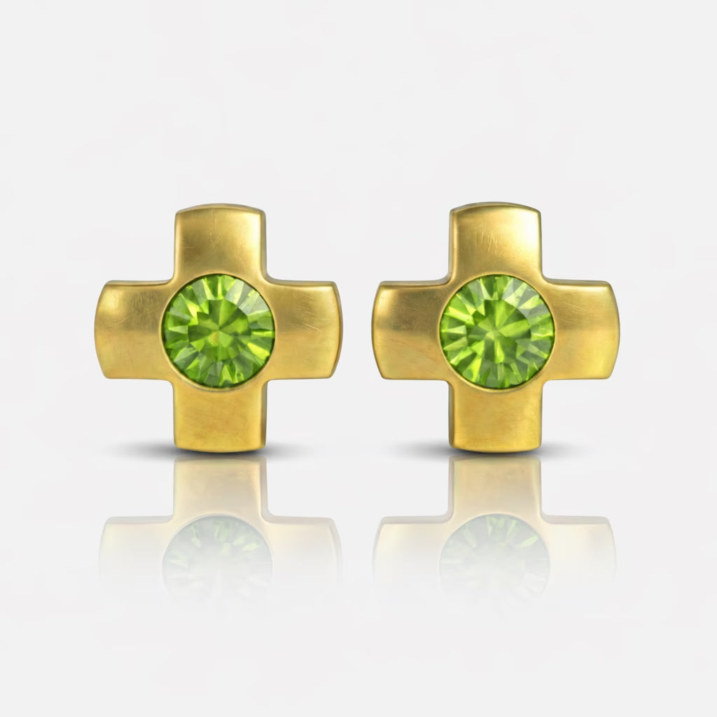 Altın Kaplama Cerrahi Çelik Kulak Delme Küpesi - Crosslite Peridot Alerji Yapmayan (Çift)
