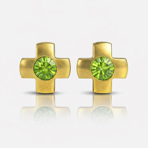 Altın Kaplama Cerrahi Çelik Kulak Delme Küpesi - Crosslite Peridot Alerji Yapmayan (Çift)