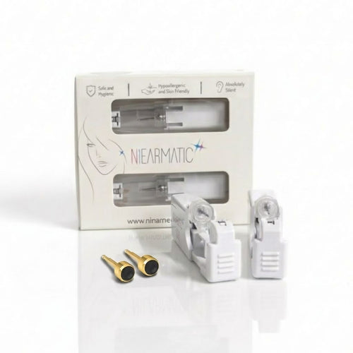 Niearmatic Tek Kullanımlık Kulak Delme Kiti - Gold Plated Pearl Black Onyx Küpe