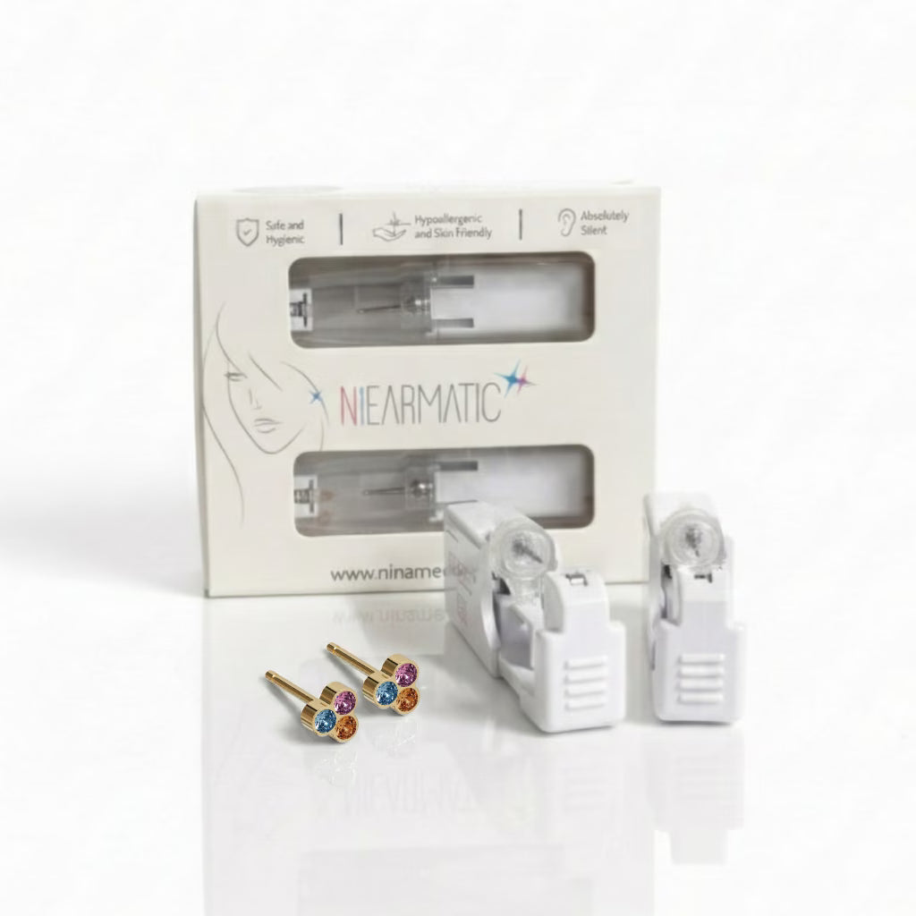 Niearmatic Tek Kullanımlık Kulak Delme Kiti - Gold Plated Trio Aquamarine Light Rose Topaz Küpe