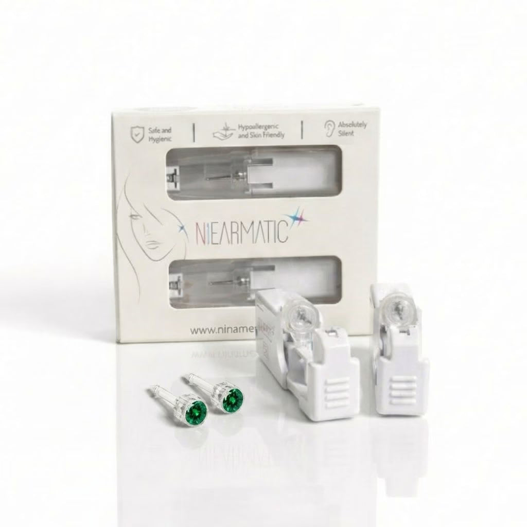 Niearmatic Tek Kullanımlık Kulak Delme Kiti - Medical Plastic Emerald Küpe