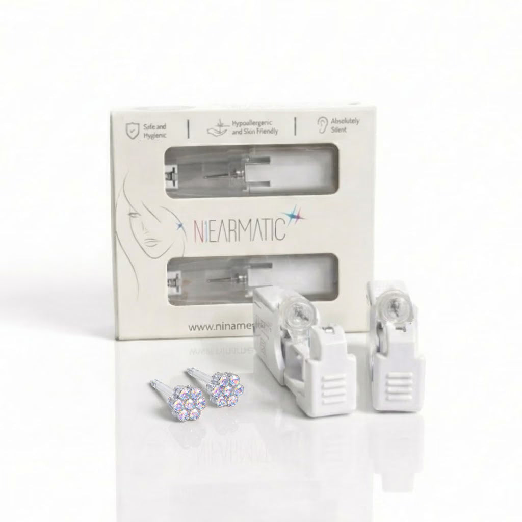 Niearmatic Tek Kullanımlık Kulak Delme Kiti - Medical Plastic Papatya Rock Crystal Küpe