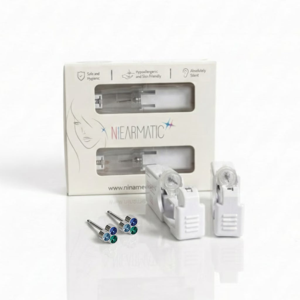 Niearmatic Tek Kullanımlık Kulak Delme Kiti - Trio Aquamarine Sapphire Blue Zircon Küpe