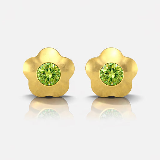Altın Kaplama Cerrahi Çelik Kulak Delme Küpesi - Flowerlite Peridot Alerji Yapmayan (Çift)