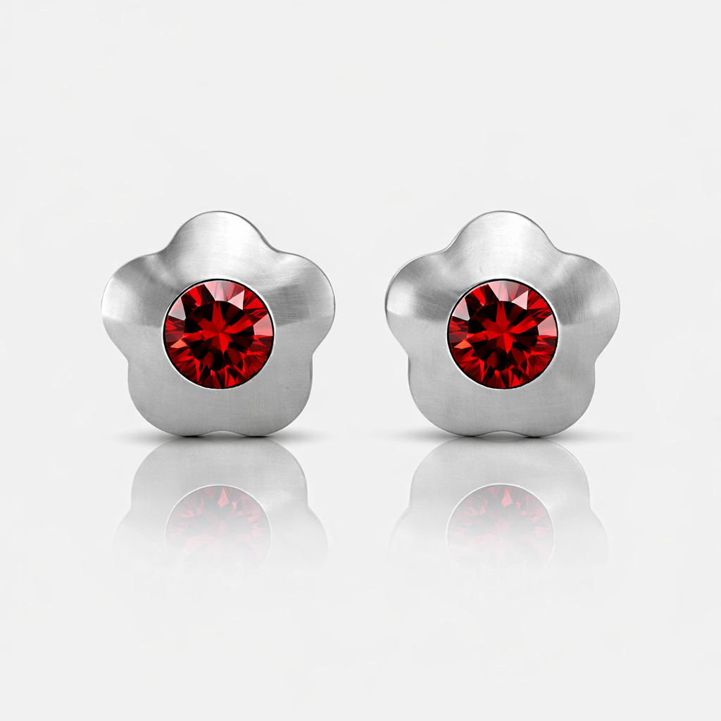 Cerrahi Çelik Kulak Delme Küpesi - Flowerlite Ruby Alerji Yapmayan (Çift)