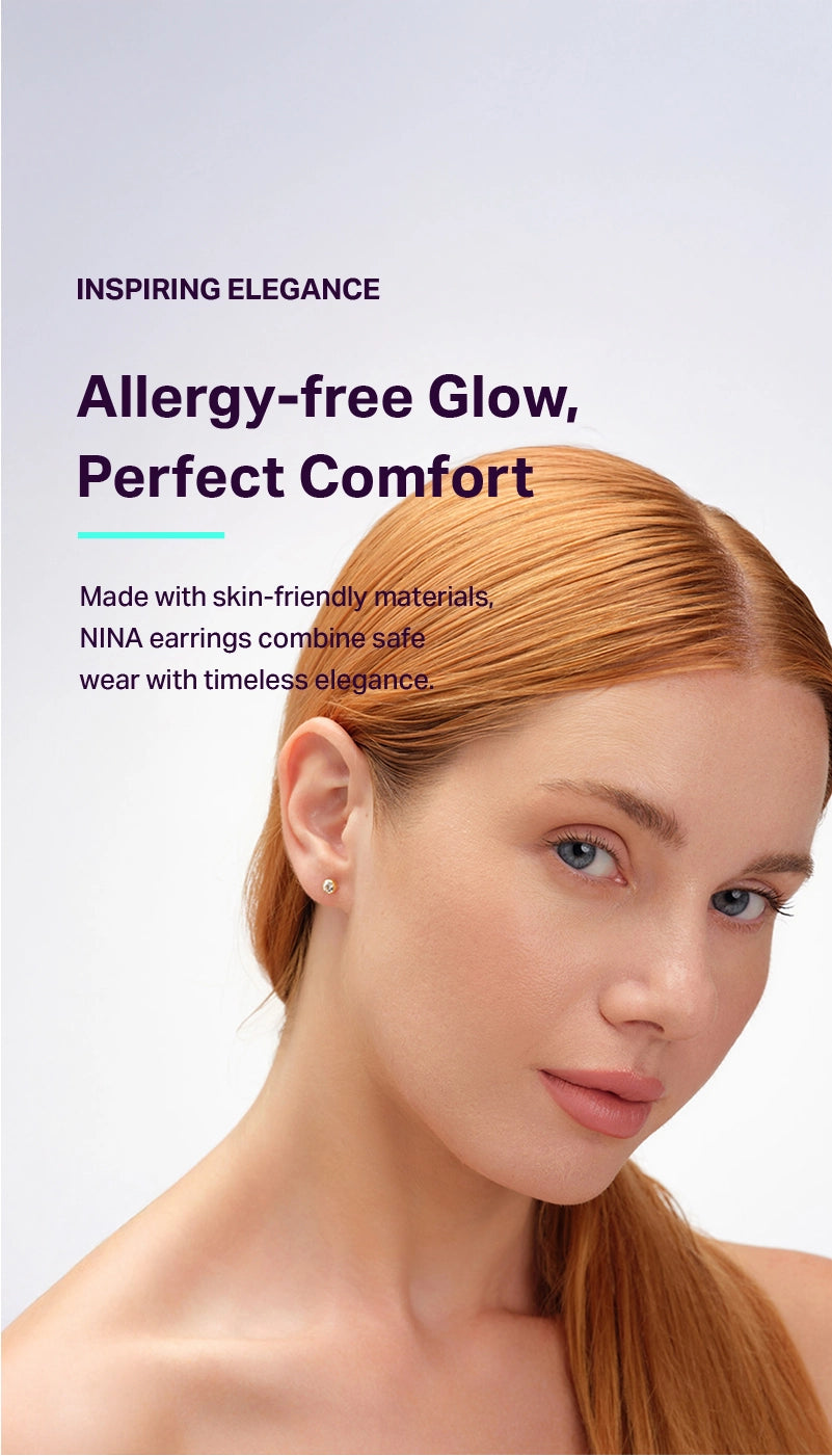 A close-up of a woman with red hair wearing a small stud earring, with promotional text on a light background reading 'INSPIRING ELEGANCE' and 'Allergy free Glow, Perfect comfort.'.