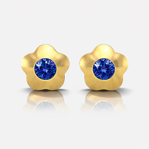 Altın Kaplama Cerrahi Çelik Kulak Delme Küpesi - Flowerlite Sapphire Alerji Yapmayan (Çift)