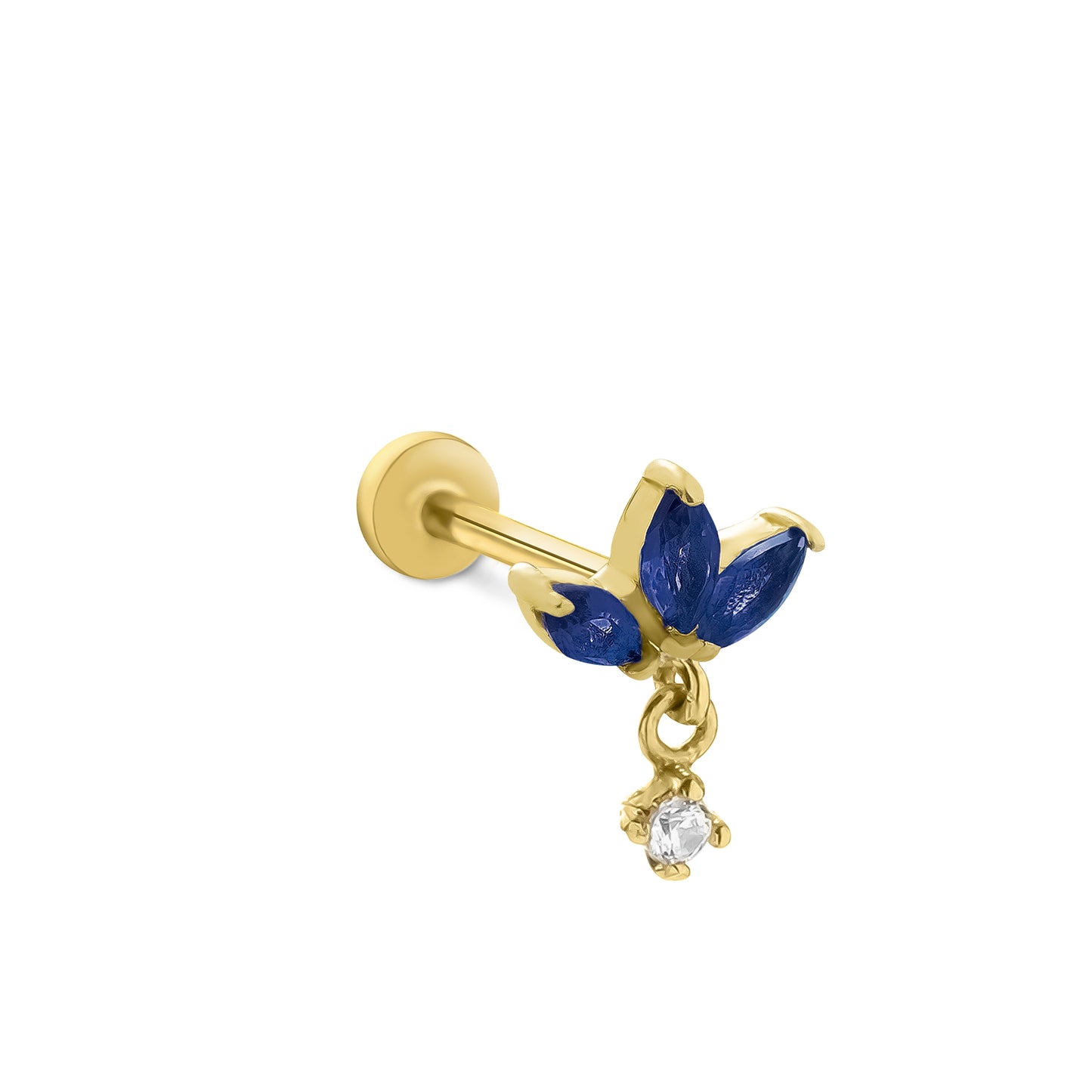 14 Ayar Altın Piercing - Üç Taşlı Safir Markiz