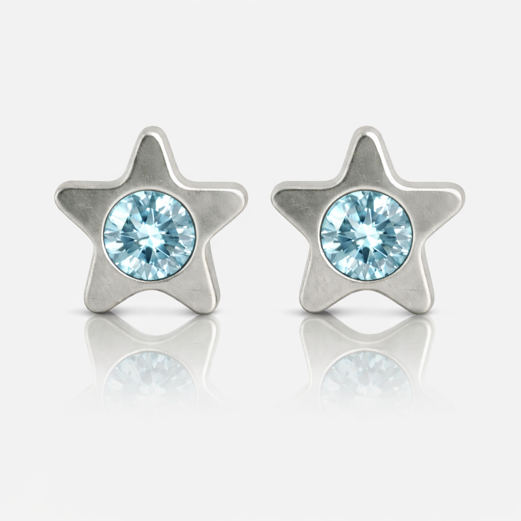 Cerrahi Çelik Kulak Delme Küpesi - Starlite Aquamarine Alerji Yapmayan 