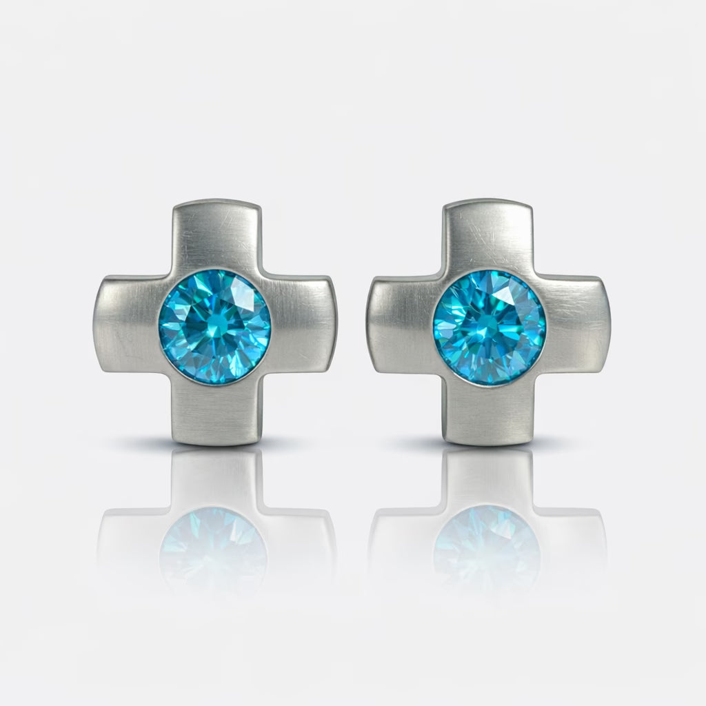 Cerrahi Çelik Kulak Delme Küpesi - Crosslite Blue Zircon Alerji Yapmayan (Çift)